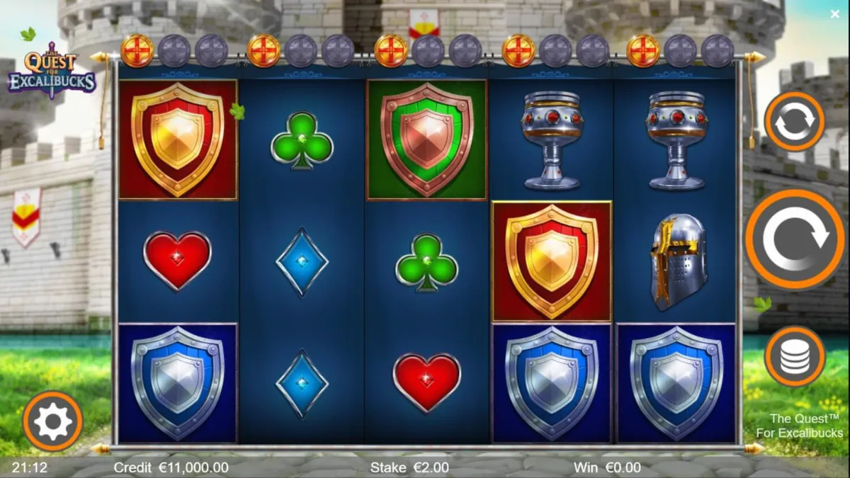 Interface do jogo The Quest for Excalibucks com símbolos medievais e castelo ao fundo